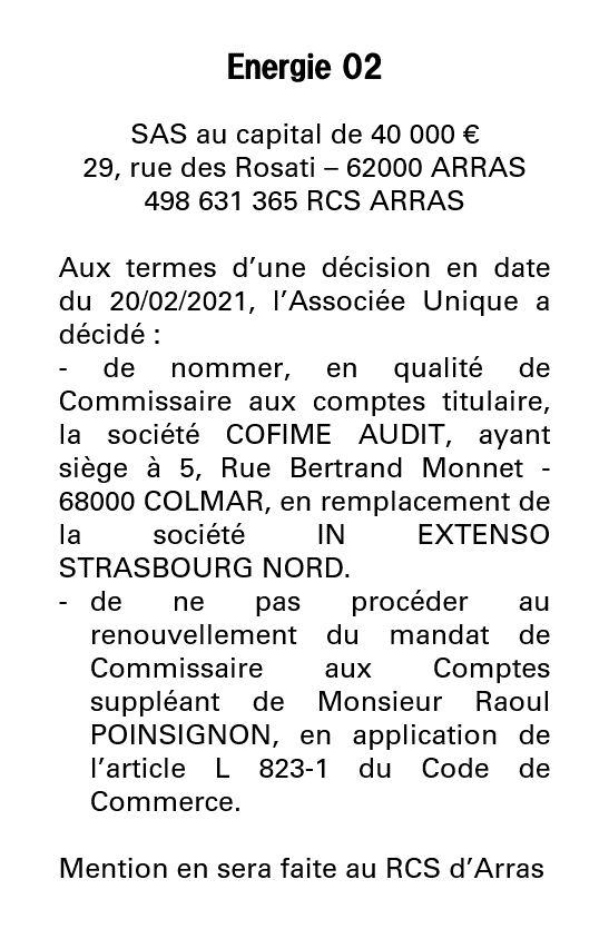 Exemple annonce légale Changement de commissaire aux comptes