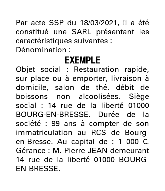 Exemple annonce légale création SARL
