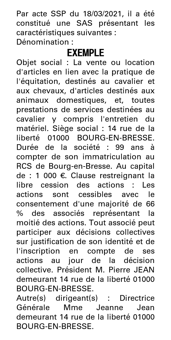 Exemple annonce légale création SAS