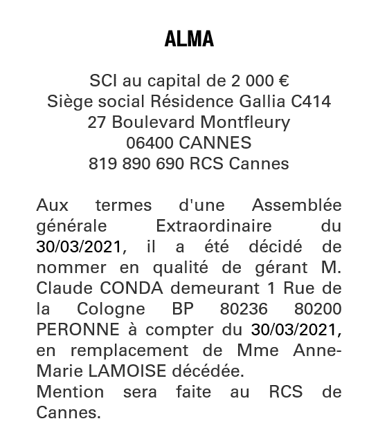 Exemple annonce légale Changement de gérant