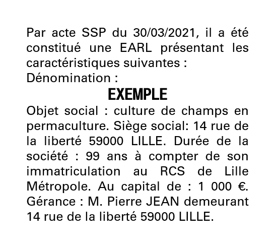 Exemple annonce légale création EARL