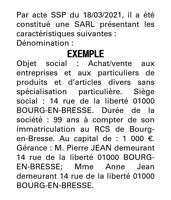 Exemple annonce légale création SARL