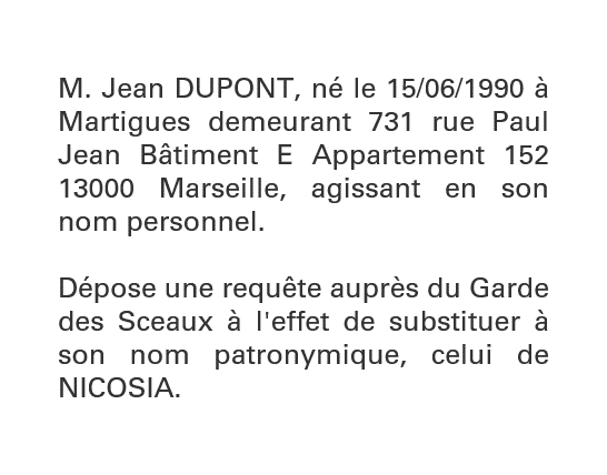 Exemple annonce légale Demande de changement de nom