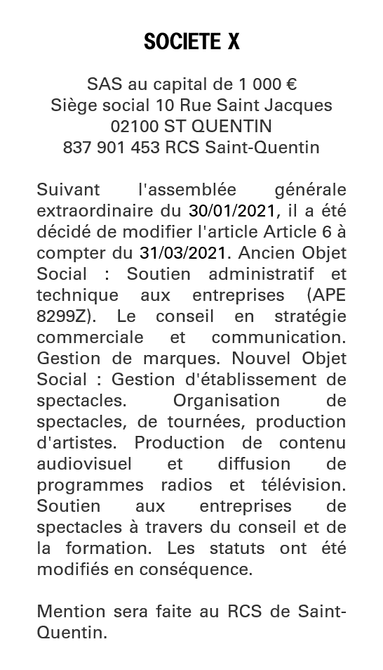 Exemple annonce légale Modification de l'objet social