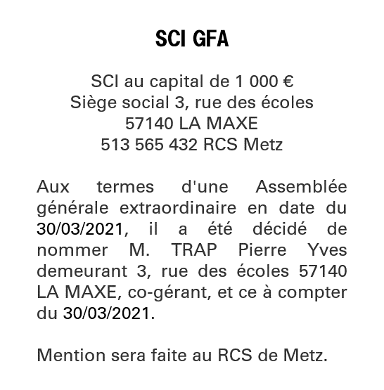 Exemple annonce légale Nomination de co-gérant