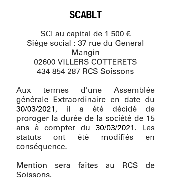Exemple annonce légale Prorogation de la durée de la société