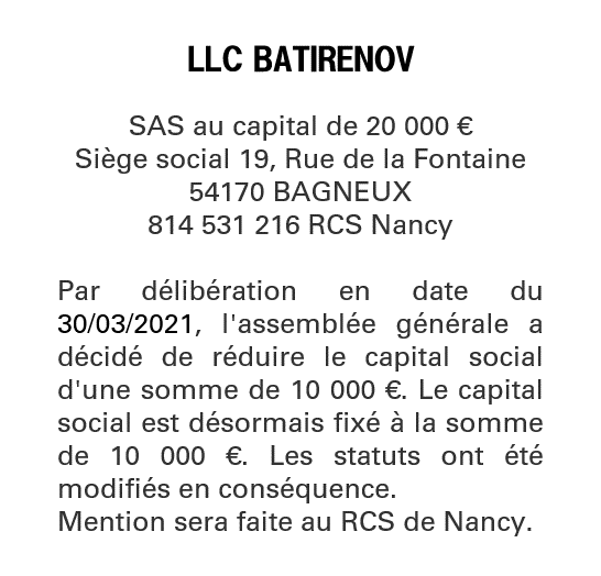 Exemple annonce légale Réduction de capital social